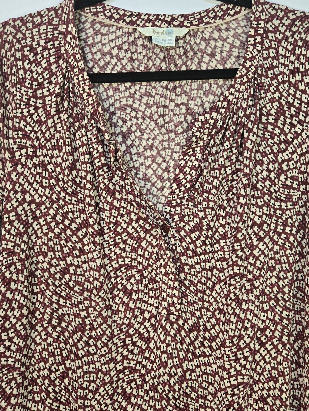 BODEN Size 6L L/Sl Burgundy Printed Women's Shirt Dress, Button V-neck - Picture 9 of 12